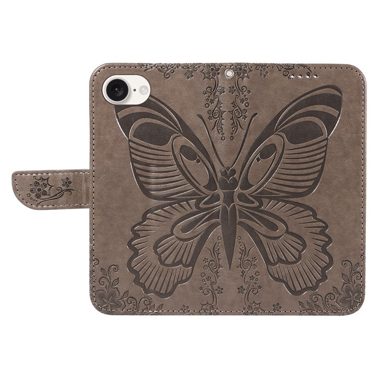 For iPhone 16e Case with Hand Strap Butterfly PU Leather Wallet Phone Cover - Grey