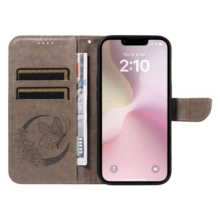 For iPhone 16e Case with Hand Strap Butterfly PU Leather Wallet Phone Cover - Grey