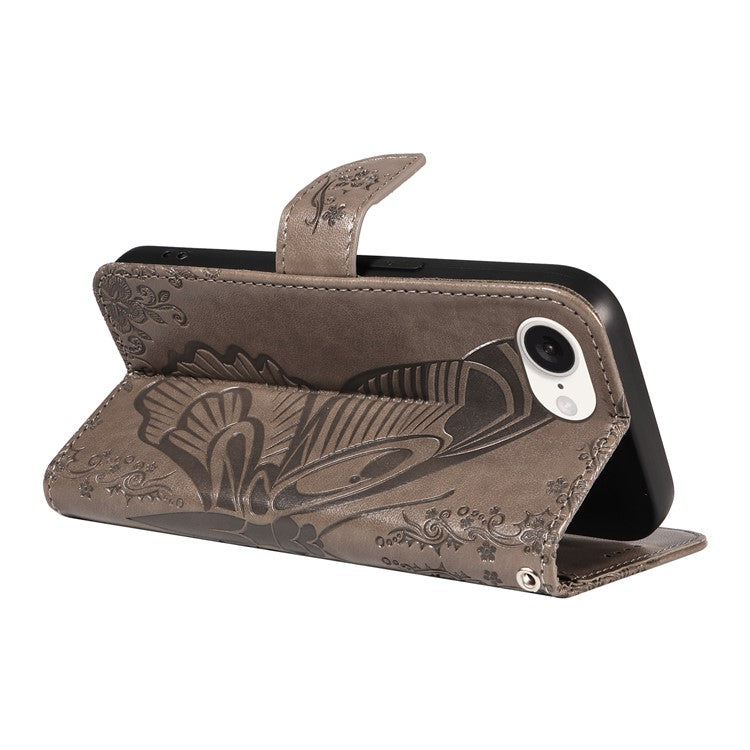 For iPhone 16e Case with Hand Strap Butterfly PU Leather Wallet Phone Cover - Grey