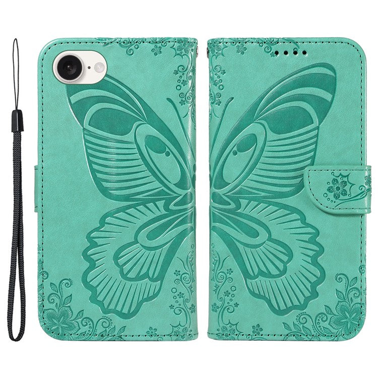 For iPhone 16e Case with Hand Strap Butterfly PU Leather Wallet Phone Cover - Green