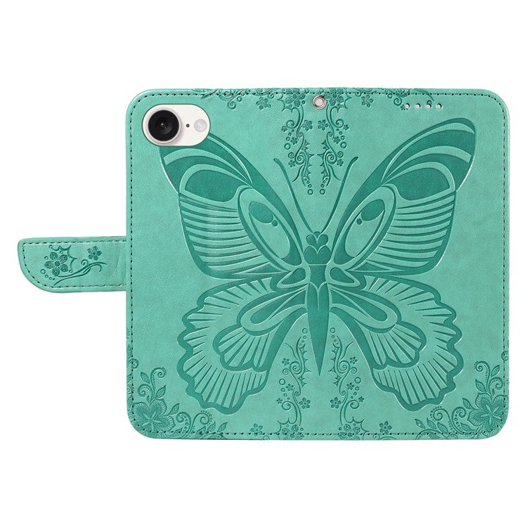 For iPhone 16e Case with Hand Strap Butterfly PU Leather Wallet Phone Cover - Green