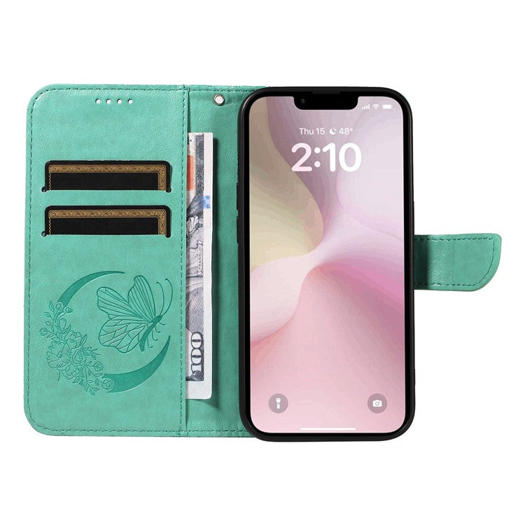 For iPhone 16e Case with Hand Strap Butterfly PU Leather Wallet Phone Cover - Green