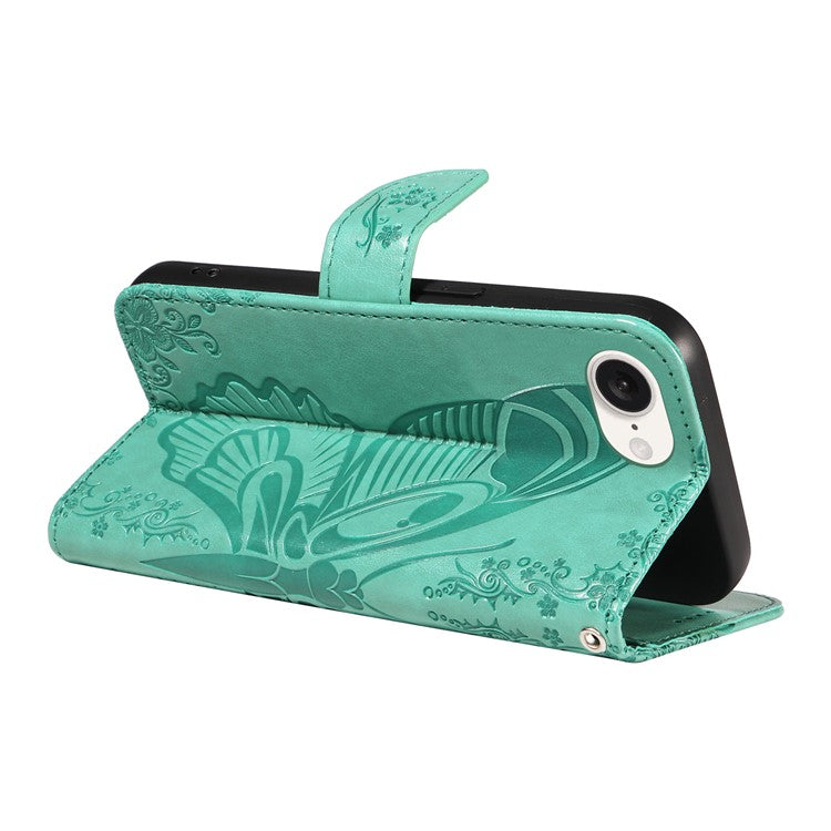 For iPhone 16e Case with Hand Strap Butterfly PU Leather Wallet Phone Cover - Green