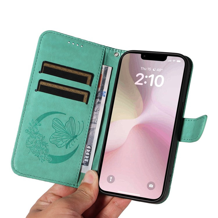 For iPhone 16e Case with Hand Strap Butterfly PU Leather Wallet Phone Cover - Green