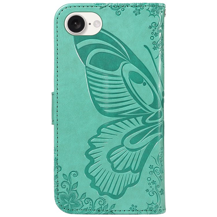 For iPhone 16e Case with Hand Strap Butterfly PU Leather Wallet Phone Cover - Green