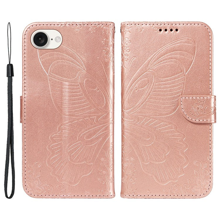 For iPhone 16e Case with Hand Strap Butterfly PU Leather Wallet Phone Cover - Rose Gold