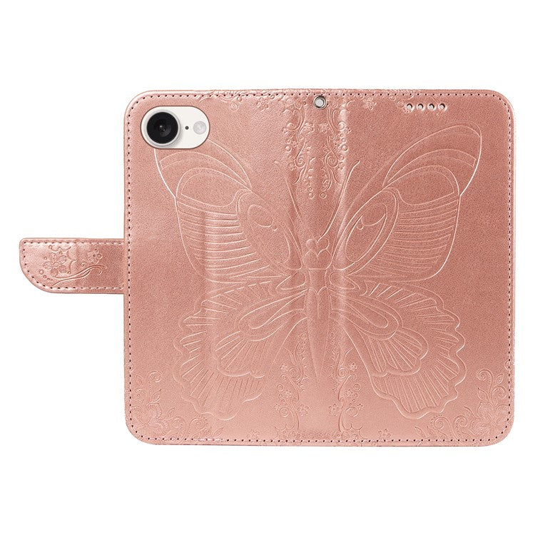 For iPhone 16e Case with Hand Strap Butterfly PU Leather Wallet Phone Cover - Rose Gold