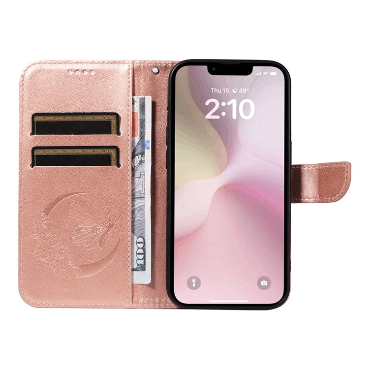 For iPhone 16e Case with Hand Strap Butterfly PU Leather Wallet Phone Cover - Rose Gold