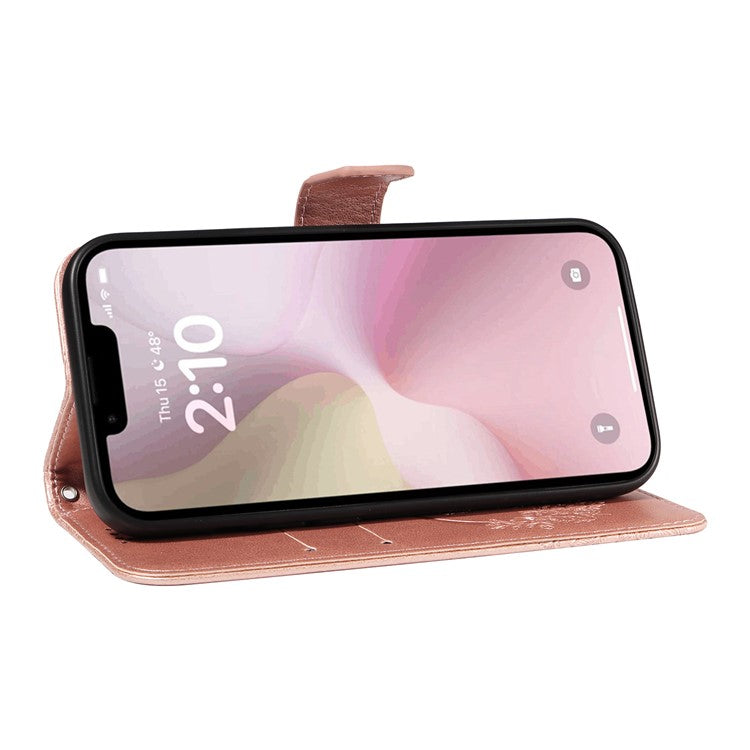 For iPhone 16e Case with Hand Strap Butterfly PU Leather Wallet Phone Cover - Rose Gold