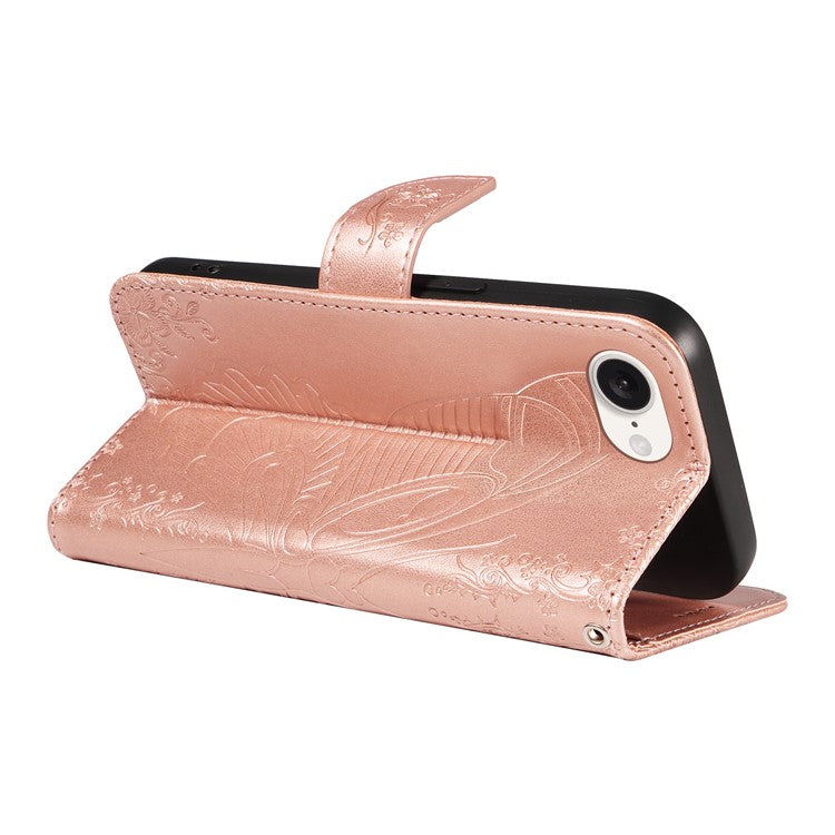 For iPhone 16e Case with Hand Strap Butterfly PU Leather Wallet Phone Cover - Rose Gold