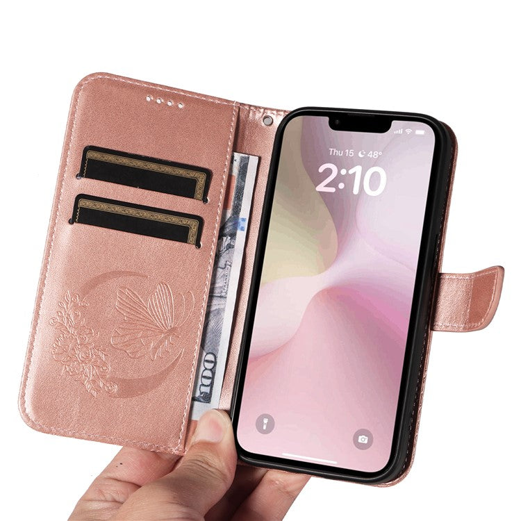 For iPhone 16e Case with Hand Strap Butterfly PU Leather Wallet Phone Cover - Rose Gold