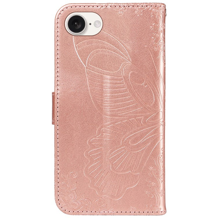 For iPhone 16e Case with Hand Strap Butterfly PU Leather Wallet Phone Cover - Rose Gold
