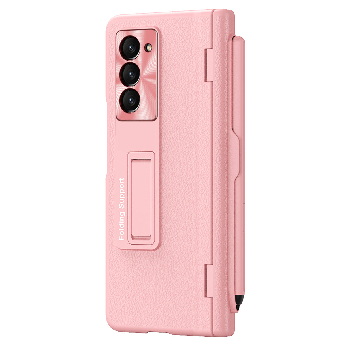For Samsung Galaxy Z Fold6 5G Kickstand Case Leather+PC Phone Cover with Stylus and Tempered Glass Film - Pink
