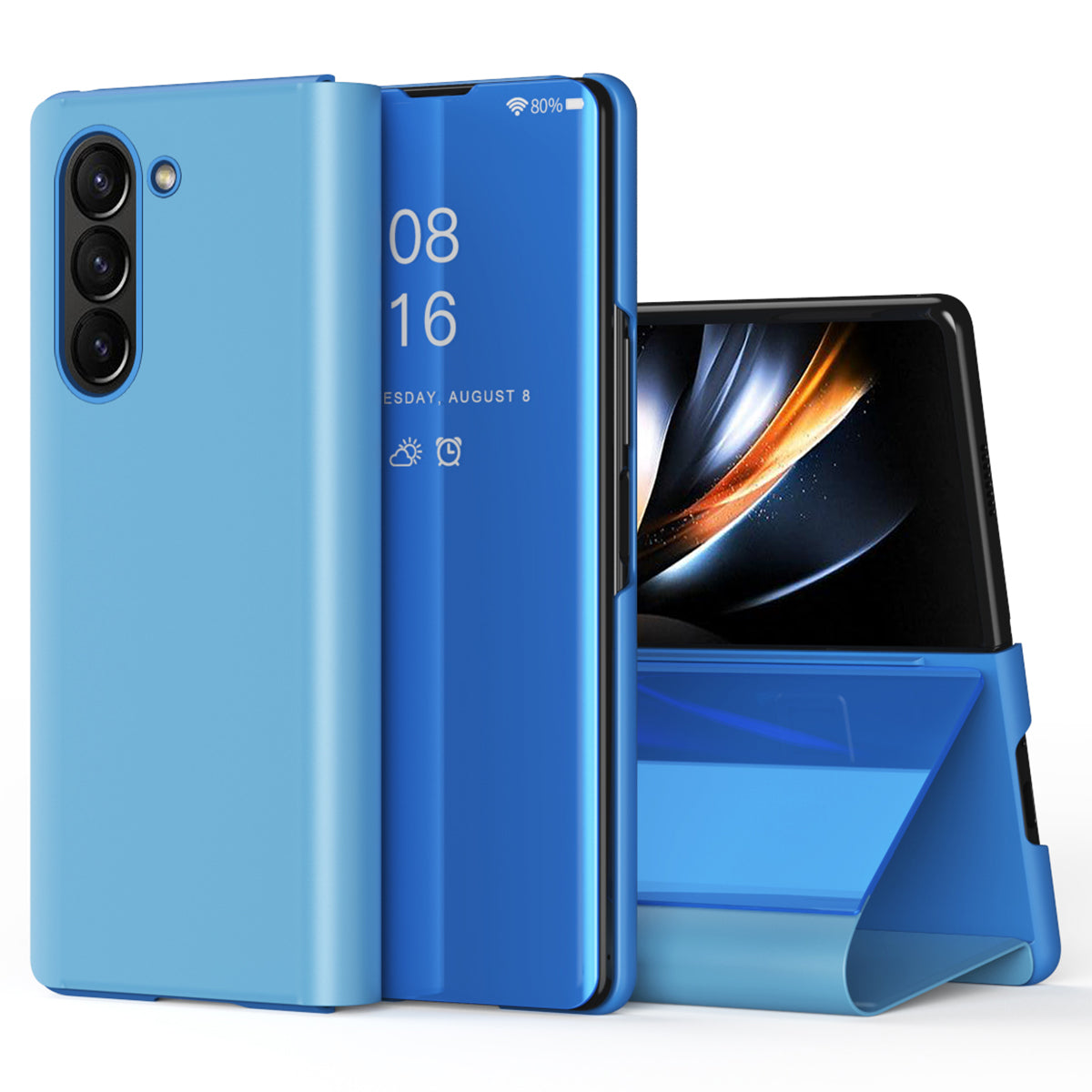 For Samsung Galaxy Z Fold6 5G Case View Window PU Leather+PC Electroplating Phone Cover - Blue
