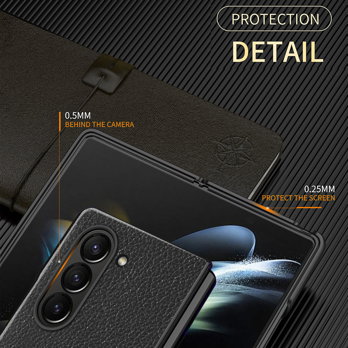For Samsung Galaxy Z Fold6 5G Case Litchi Texture PU Leather Coated PC Phone Cover - Black