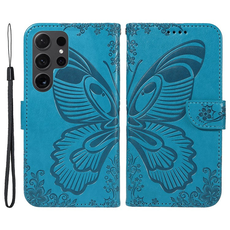 For Samsung Galaxy S24 Ultra Case Butterfly Imprinted Leather Wallet Phone Cover - Blue