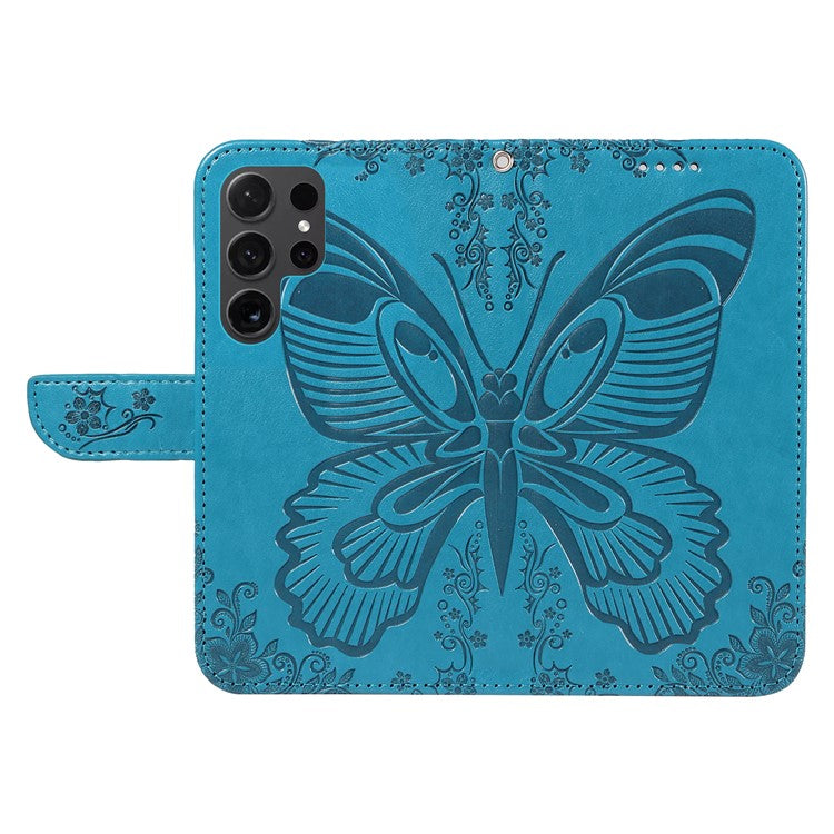 For Samsung Galaxy S24 Ultra Case Butterfly Imprinted Leather Wallet Phone Cover - Blue
