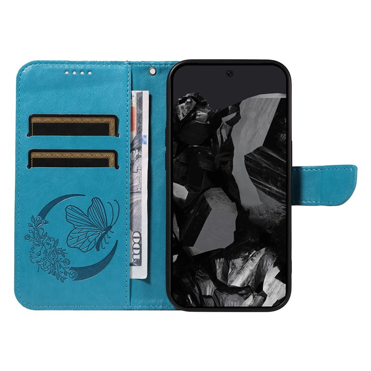 For Google Pixel 9 Pro / Pixel 9 Case Flip Stand PU Leather Phone Cover Swallowtail Butterfly - Blue