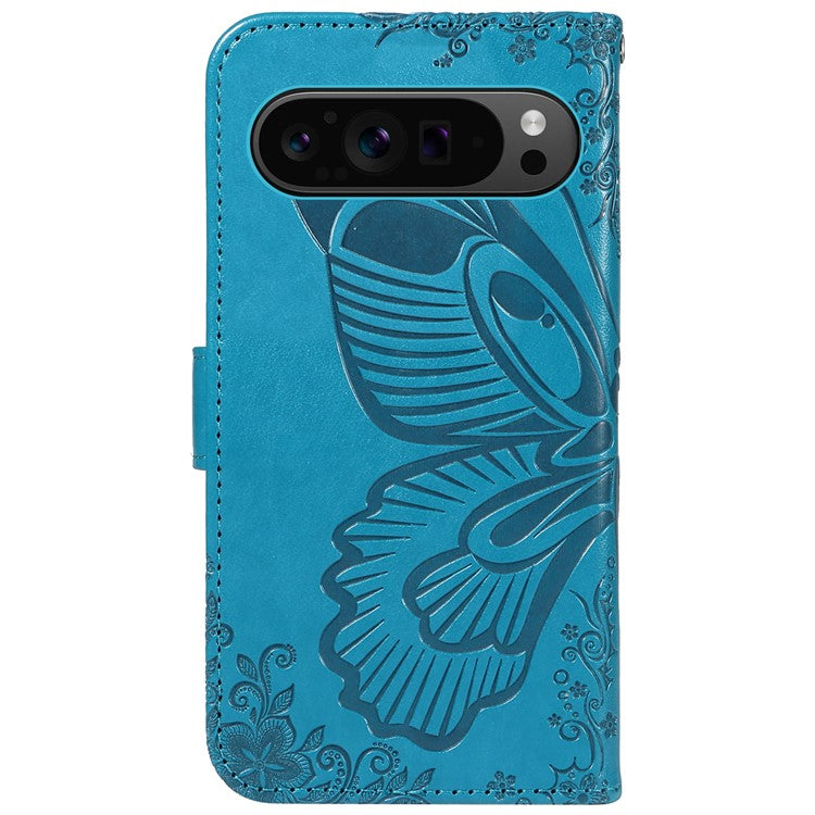 For Google Pixel 9 Pro / Pixel 9 Case Flip Stand PU Leather Phone Cover Swallowtail Butterfly - Blue