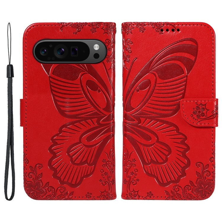 For Google Pixel 9 Pro / Pixel 9 Case Flip Stand PU Leather Phone Cover Swallowtail Butterfly - Red