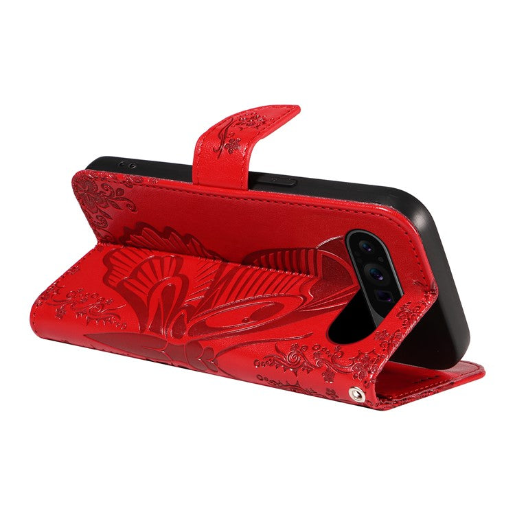 For Google Pixel 9 Pro / Pixel 9 Case Flip Stand PU Leather Phone Cover Swallowtail Butterfly - Red