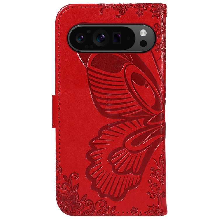 For Google Pixel 9 Pro / Pixel 9 Case Flip Stand PU Leather Phone Cover Swallowtail Butterfly - Red