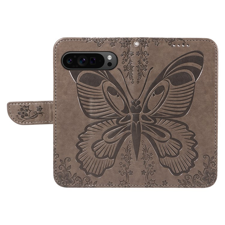 For Google Pixel 9 Pro / Pixel 9 Case Flip Stand PU Leather Phone Cover Swallowtail Butterfly - Grey
