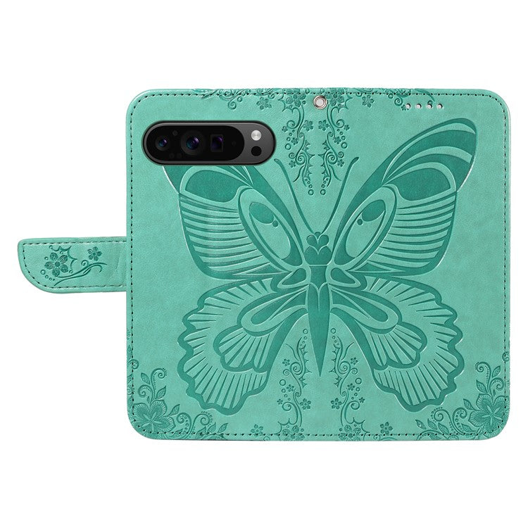 For Google Pixel 9 Pro / Pixel 9 Case Flip Stand PU Leather Phone Cover Swallowtail Butterfly - Green