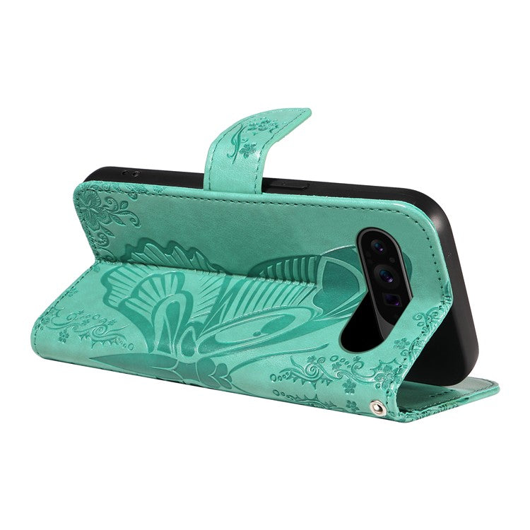 For Google Pixel 9 Pro / Pixel 9 Case Flip Stand PU Leather Phone Cover Swallowtail Butterfly - Green