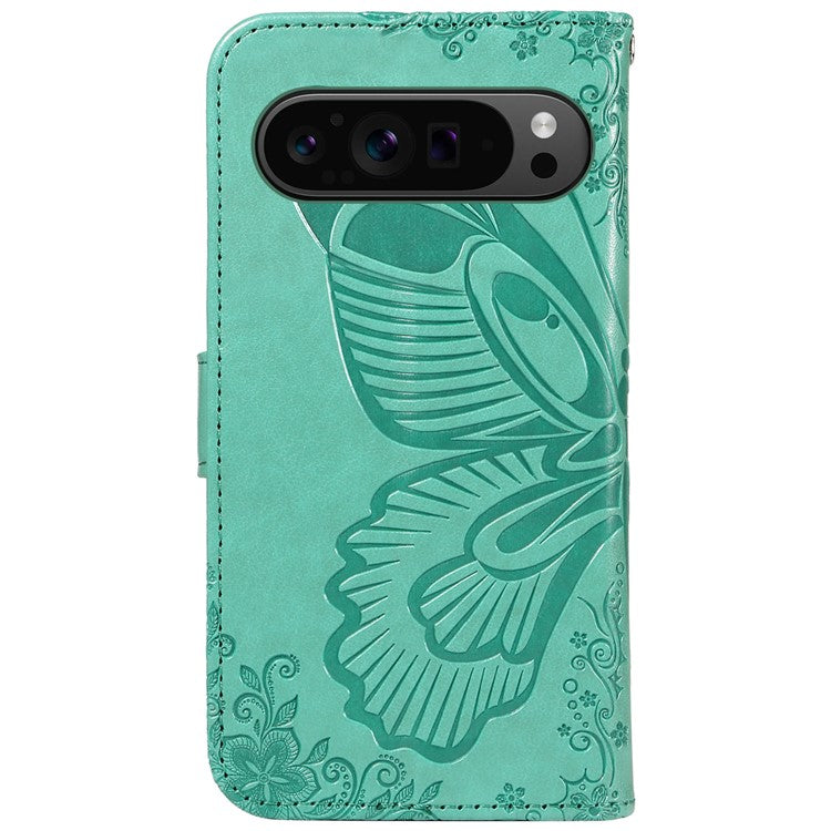 For Google Pixel 9 Pro / Pixel 9 Case Flip Stand PU Leather Phone Cover Swallowtail Butterfly - Green