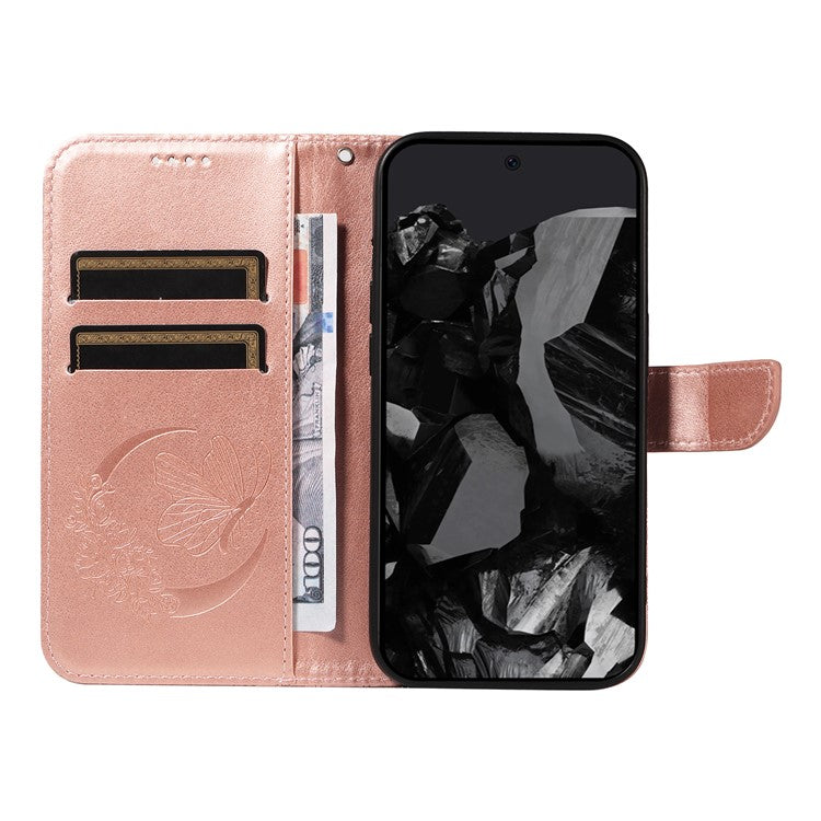 For Google Pixel 9 Pro / Pixel 9 Case Flip Stand PU Leather Phone Cover Swallowtail Butterfly - Rose Gold