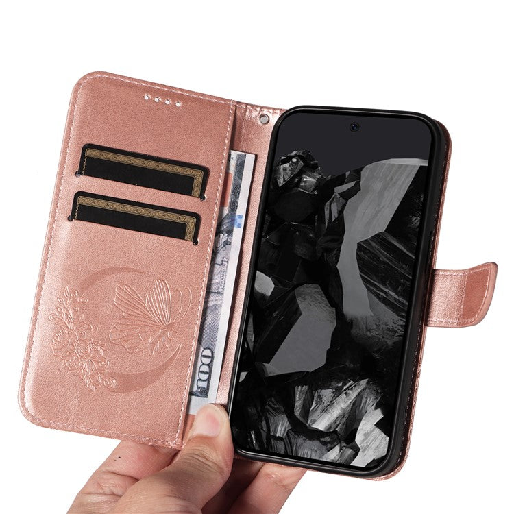 For Google Pixel 9 Pro / Pixel 9 Case Flip Stand PU Leather Phone Cover Swallowtail Butterfly - Rose Gold