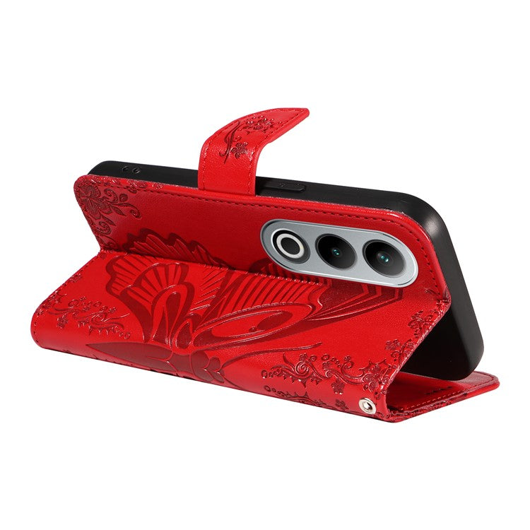 For OnePlus Ace 3V 5G Case Leather Wallet Flip Stand Butterfly Pattern Phone Cover - Red