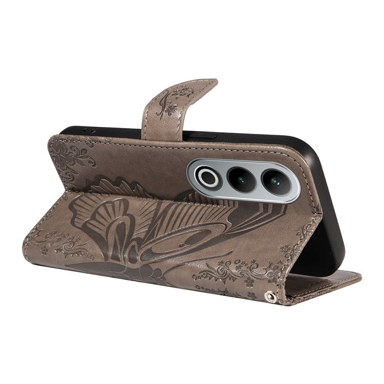 For OnePlus Ace 3V 5G Case Leather Wallet Flip Stand Butterfly Pattern Phone Cover - Grey