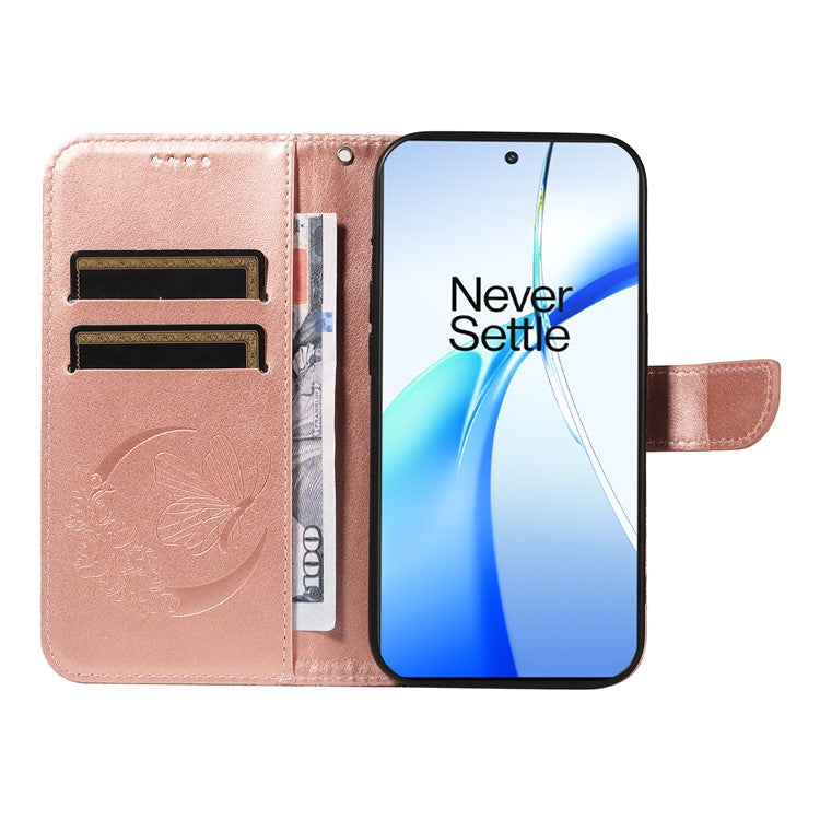 For OnePlus Ace 3V 5G Case Leather Wallet Flip Stand Butterfly Pattern Phone Cover - Rose Gold