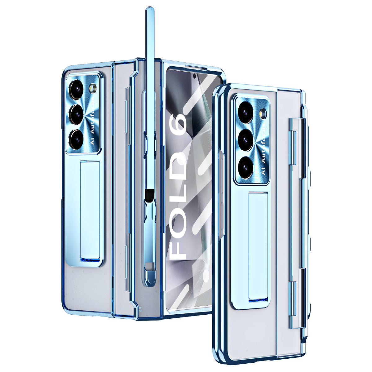 For Samsung Galaxy Z Fold6 5G Kickstand Phone Case PC Folding Cover with Tempered Glass Film + Stylus Pen - Blue