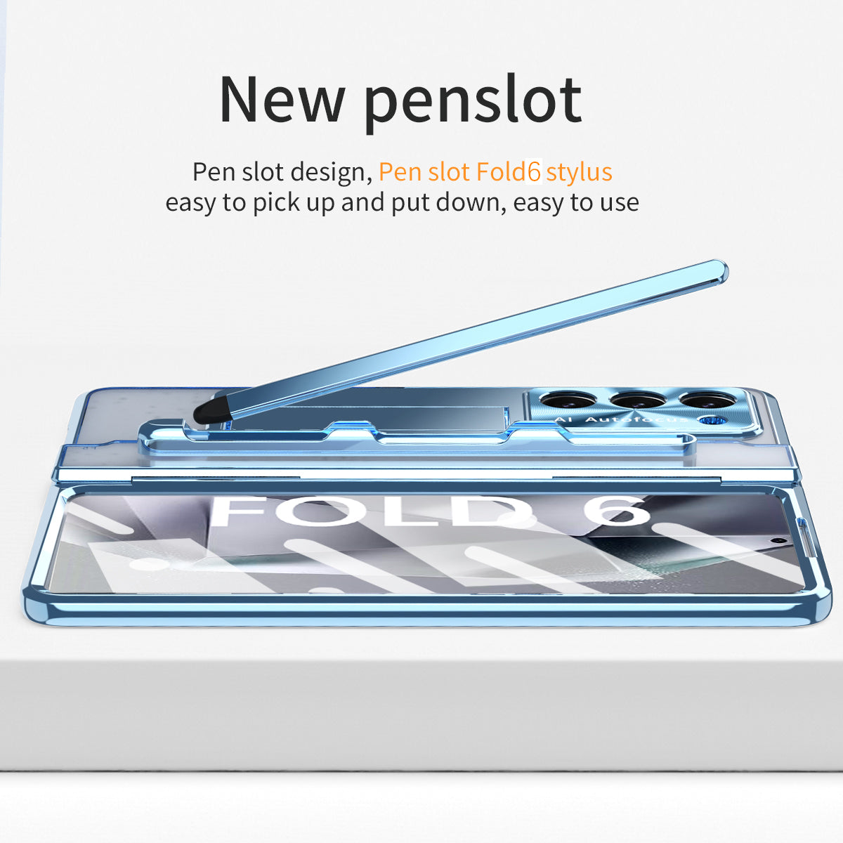 For Samsung Galaxy Z Fold6 5G Kickstand Phone Case PC Folding Cover with Tempered Glass Film + Stylus Pen - Blue
