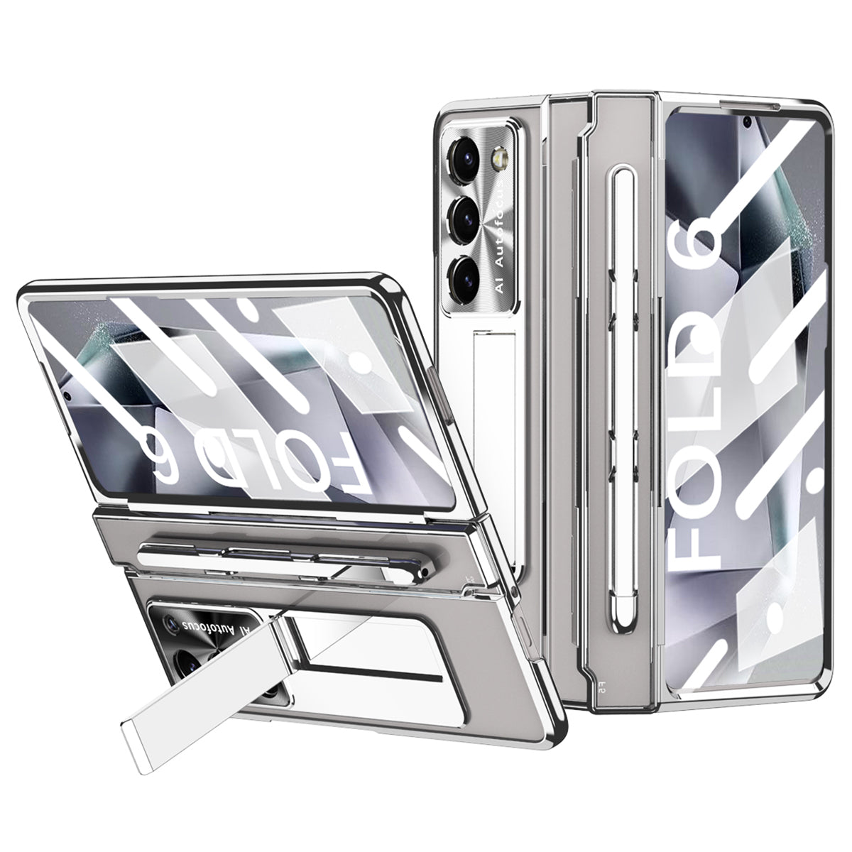 For Samsung Galaxy Z Fold6 5G Kickstand Phone Case PC Folding Cover with Tempered Glass Film + Stylus Pen - Silver