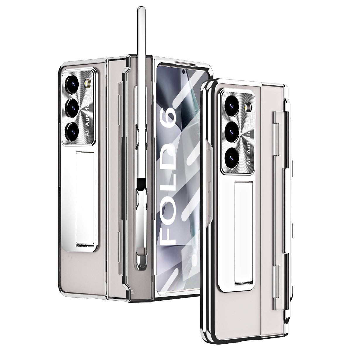 For Samsung Galaxy Z Fold6 5G Kickstand Phone Case PC Folding Cover with Tempered Glass Film + Stylus Pen - Silver