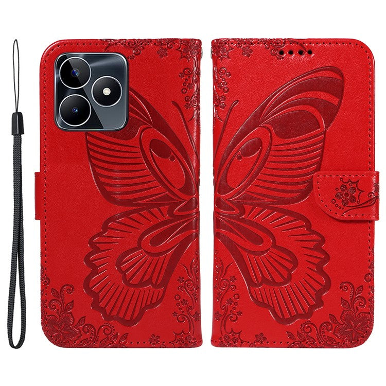 For Realme C53 (India) / Note 50 4G Case Butterfly Pattern Wallet Stand Leather Cover - Red