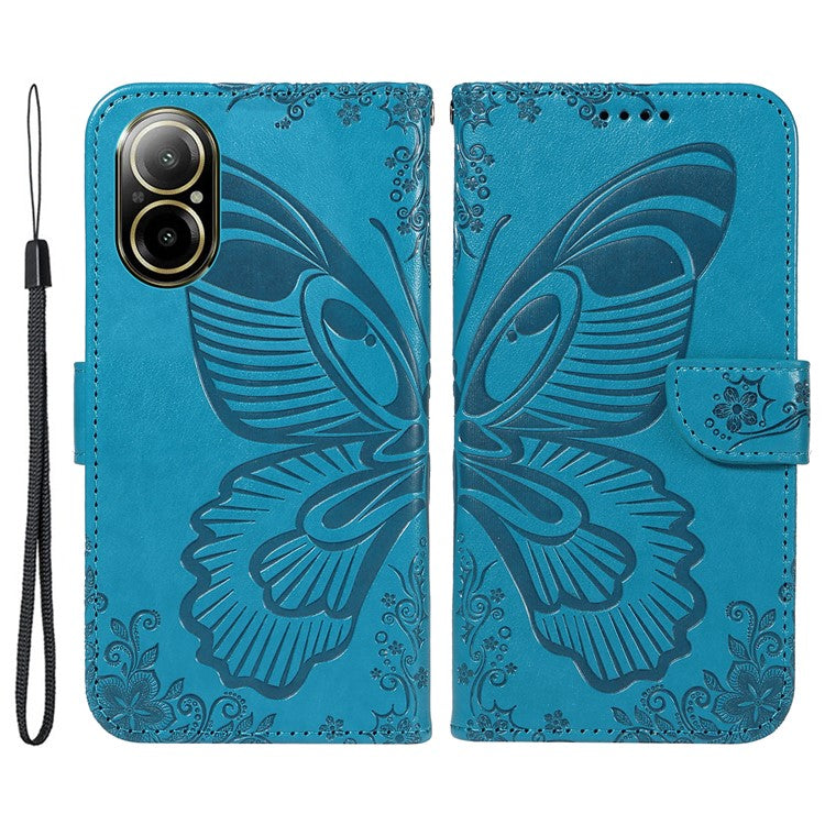For Realme C67 4G PU Leather Phone Case Imprinted Pattern Wallet Phone Cover with Strap - Blue