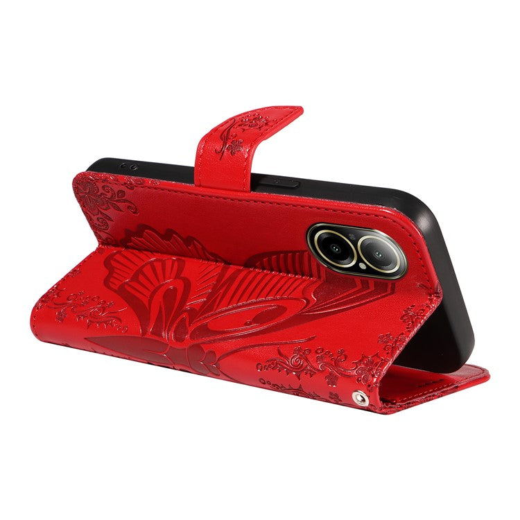 For Realme C67 4G PU Leather Phone Case Imprinted Pattern Wallet Phone Cover with Strap - Red