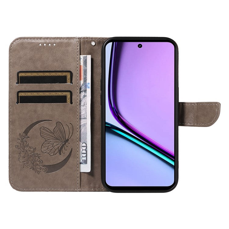 For Realme C67 4G PU Leather Phone Case Imprinted Pattern Wallet Phone Cover with Strap - Grey