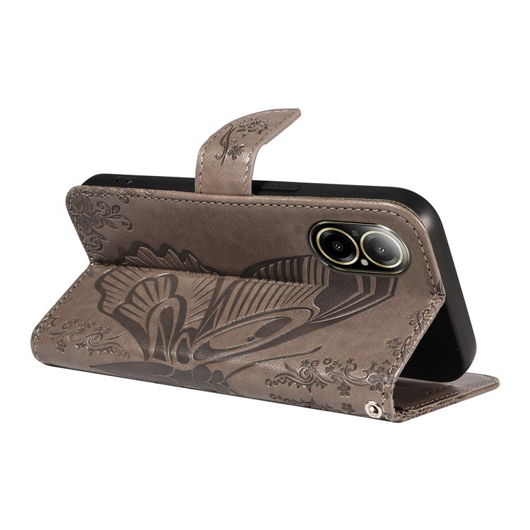 For Realme C67 4G PU Leather Phone Case Imprinted Pattern Wallet Phone Cover with Strap - Grey