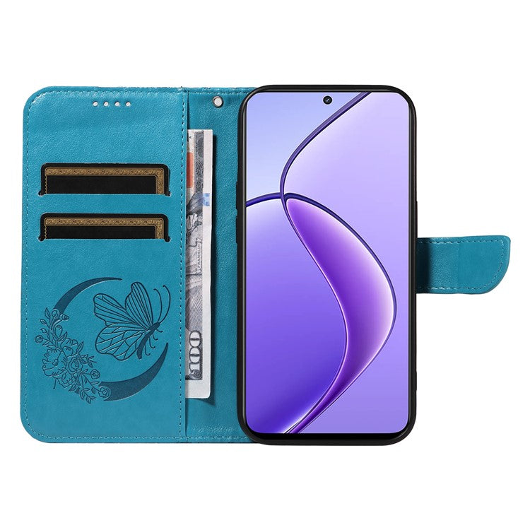 For Realme 12 5G Phone Stand Case Butterfly Imprint Leather Wallet Phone Cover with Strap - Blue