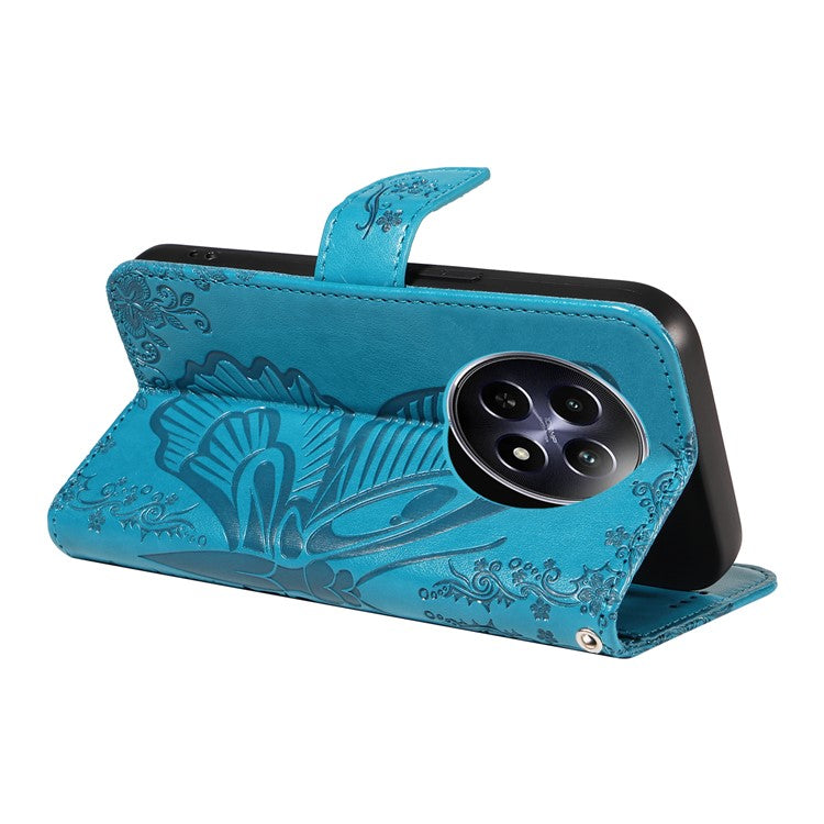For Realme 12 5G Phone Stand Case Butterfly Imprint Leather Wallet Phone Cover with Strap - Blue
