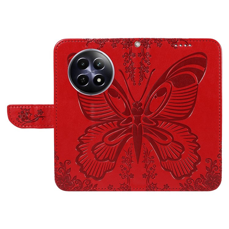 For Realme 12 5G Phone Stand Case Butterfly Imprint Leather Wallet Phone Cover with Strap - Red