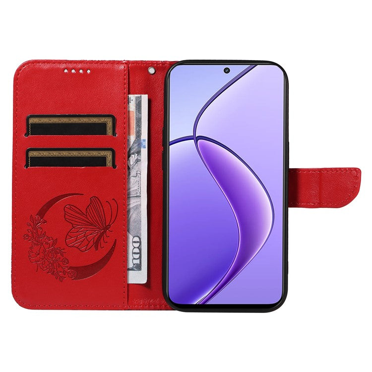 For Realme 12 5G Phone Stand Case Butterfly Imprint Leather Wallet Phone Cover with Strap - Red