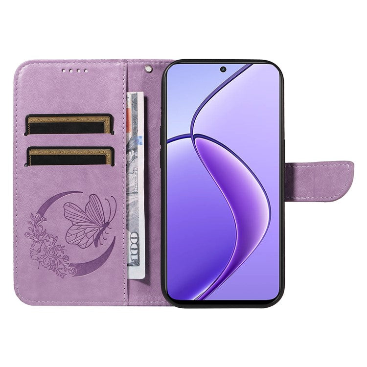 For Realme 12 5G Phone Stand Case Butterfly Imprint Leather Wallet Phone Cover with Strap - Light Purple