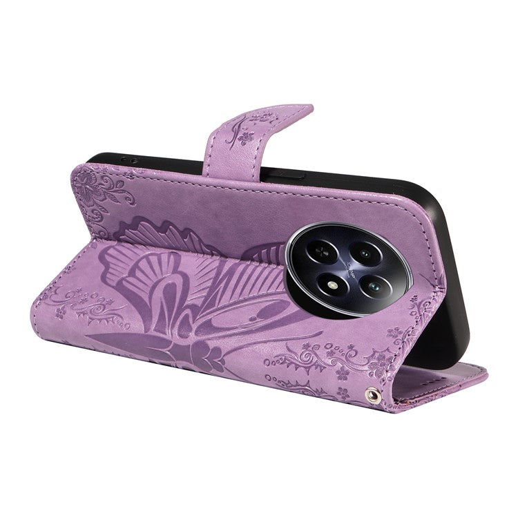 For Realme 12 5G Phone Stand Case Butterfly Imprint Leather Wallet Phone Cover with Strap - Light Purple